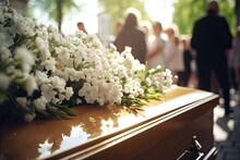 A Reverent Funeral Scene, The Coffin Is Decorated With Flowers. Symbolic Farewell Among Church Services And Cemetery Funerals.