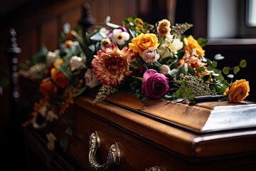 Wall Mural - Funeral flower arrangement of roses, coffin decoration.