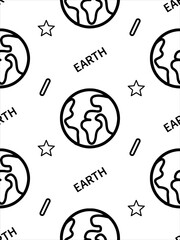 Planet Earth. Stars. Space. Icon. Vector seamless pattern on isolated white background.  illustrations for fabric, paper, packaging, background, wallpaper, wrapping paper, textile outline design.