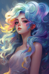 Wall Mural - Portrait of a beautiful girl with blue hair and pink lips. an anime lady with blue hair on a rainbow, in the style of traditional oil paintings