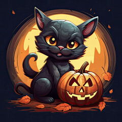 Wall Mural - Halloween cat with pumpkin, generative ai 