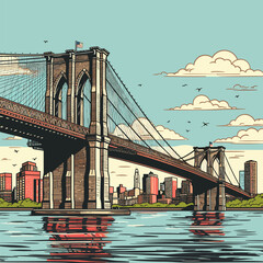 Sticker - Brooklyn Bridge. Brooklyn Bridge hand-drawn comic illustration. Vector doodle style cartoon illustration