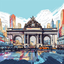 Grand Central Terminal. Grand Central Terminal Hand-drawn Comic Illustration. Vector Doodle Style Cartoon Illustration