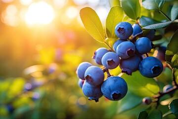 blueberry bush with ripe berries on a sunny day in the forest, a branch with natural blueberries on 