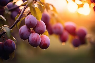 Ripe plums on a tree branch in the garden at sunset, A branch with natural plums on a blurred background of a plum orchard at golden hour, AI Generated