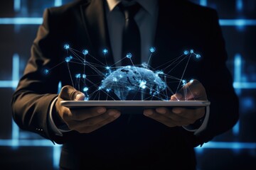 Poster - Businessman holding tablet with global network connection concept. 3D rendering, A businessman holding a tablet and looking at a virtual blockchain network data fields, AI Generated