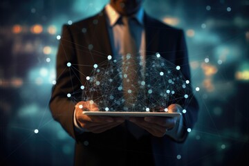 Poster - Businessman on blurred background using digital network connection with tablet 3D rendering, A businessman holding a tablet and looking at a virtual blockchain network data fields, AI Generated