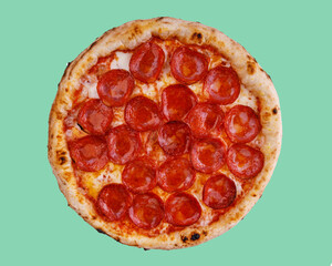 craft pepperoni pizza on a green background, studio shooting 1