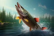 Northern Pike Fish Jumping Out Of Water With Splashes. 3D Render For Angling, Fishing And Catch Concept: Generative AI