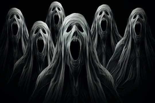 Scary Screaming Ghost Faces on Dark Background. Concept of Horror with Human Head and Shadow. Generative AI