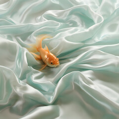 Wall Mural - A goldfish on a pastel aquamarine wavy satin fabric, creative aquarium concept.