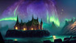 © FCEalin  - Mysterious enchanting castle at night with AUrora at the sky