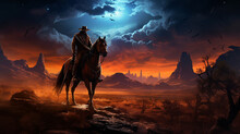Horseman Sitting On A Horse In Front Of A Beautiful Sunset Background With Canyons, Poster.
