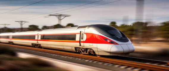 High speed train in motion on the railway. Modern intercity passenger train with motion blur effect. High speed train is popular and efficient mode of transportation in Spain