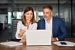 © Stock 4 You - Mid age European business woman mentoring mature 50s age Latin business man discussing project on laptop in office. Two colleagues, group of partners, professional business people working together.