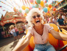 An Image Freezes A Moment In Time, Showcasing The Delight And Exhilaration Of An Elderly Woman As She Immerses Herself In The Lively Ambiance Of An Amusement Park. Generative AI