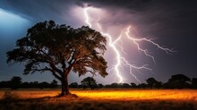 Huge Tree Getting Striked By A Powerful Thunderbolt, Cinematic Shot.