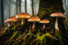 A Magical Forest Shrouded In Mist And Dew, With A Group Of Mushrooms Growing On The Side Of A Tree - AI Generative