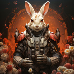 rabbit in robotic suit surrounded by flowers AI generated, high quality 3D illustration