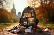 Leinwandbild Motiv Travel and lifestyle concept. Abstract traveler old and vintage backpack with postcards and other travel requisites. Generative AI