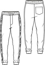 FRENCH TERRY JOGGERS WITH SIDE TYPO TEXT TAPING DETAIL DESIGNED FOR MEN YOUNG MEN AND TEEN BOYS IN VECTOR ILLUSTRATION