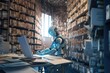 © netrun78 - Friendly robot, virtual assistant, futuristic library and online knolage idea. AI generative