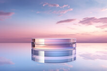 Transparent Glass Podium On Crystal Water Surface In Purple And Yellow Sunset With Clouds Sky Background. Show Case For Cosmetic Products, New Product, Promotion Sale And Presentation. Generative AI