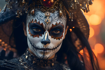 Close up pf beautiful woman in scary skull like make up and costume at carnival ai generated art