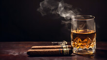 A Bottle And A Glass Of Whiskey With Ice And A Steaming Cuban Cigar 
