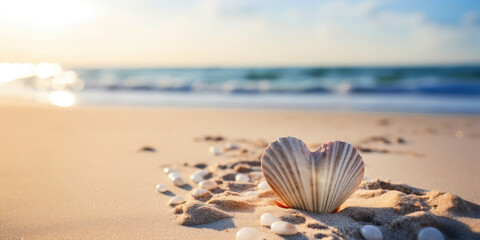 Wall Mural - heart shaped sea shell in front of the beach and the sea with copy space