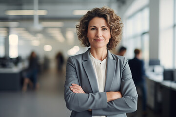 Business concept. Portrait of middle aged businesswoman ceo standing in office with arms crossed. Neutral office background with copy space. Generative AI