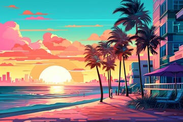 Wall Mural - Illustration of Miami beach in a vibrant 1980s retro synthwave style, watercolor masterpiece.	
