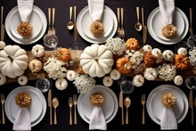 Modern Table Setting For Fall Holidays, Thanksgiving, Halloween, Wedding With Pumpkins And Autumn Leaves