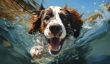 Dog Spaniel Running In Splashing Water. Ai Generated