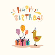 Birthday Card With Presents Boxes, Balloons And Cute Goose. Hand-drawn Colorful Text