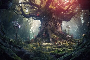 Wall Mural - Mystical Enchanted Forest: Ancient Trees, Ethereal Light, and Magical Creatures, generative AI