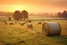 Golden Light And Grazing Animals: Embracing Peace In The Countryside Sunset, Generative AI
