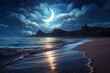 Majestic Moonlit Beach: Serene Waves, Glowing Moon, and Starry Night Sky, generative AI