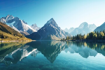 Wall Mural - Serene Mountain Lake: Reflections of Majestic Peaks and Clear Blue Sky, generative AI