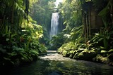 Fototapeta Las - Serene Rainforest Waterfall: Lush Vegetation, Cascading Water, and Peaceful Ambiance, generative AI