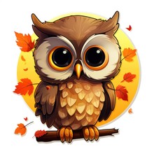 Autumn Cartoon Owl Clipart Isolated Over White Background, Generative AI
