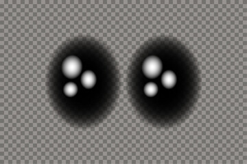 Anime eyes on transparent background. Realistic glare effect. Black buttons with glare on transparent backgrond. Vector illustration