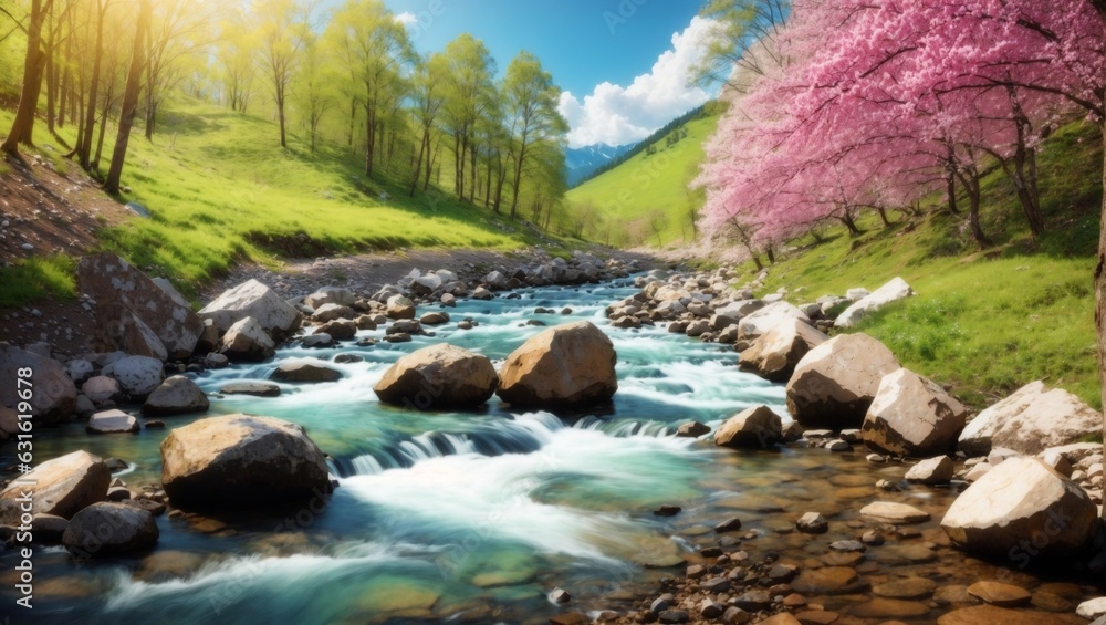 In the mountain forest, there is a stunning spring landscape featuring ...