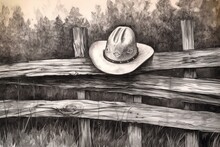 Wild West Emblem: Adventurous Spirit Portrayed In Classic Cowboy Hat Resting On A Weathered Fence, Generative AI