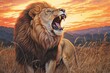 Powerful Lion: A Majestic Roar on a Sunlit Savanna Drawing, generative AI