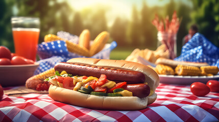 hot dogs, corn and burgers on 4th of july picnic in patriotic theme