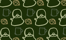 Vector Pattern Of Items For Tea Drinking. Teapot, Cup, Leaves. Green, Calligraphy, Rough Drawing, Doodle, Ink, Eastern Tradition. Wallpaper, Background, Wrapping Paper, Fabric, Tea Ceremony, Tea Shop.