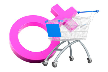 Wall Mural - Female gender symbol with shopping cart, 3D rendering