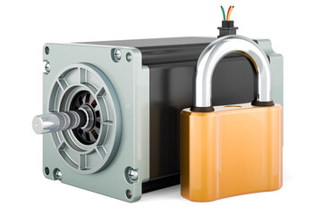 Wall Mural - Stepper motor with padlock, 3D rendering