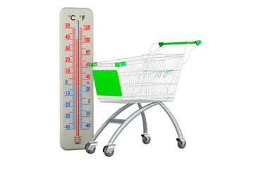 Wall Mural - Thermometer with shopping cart, 3D rendering